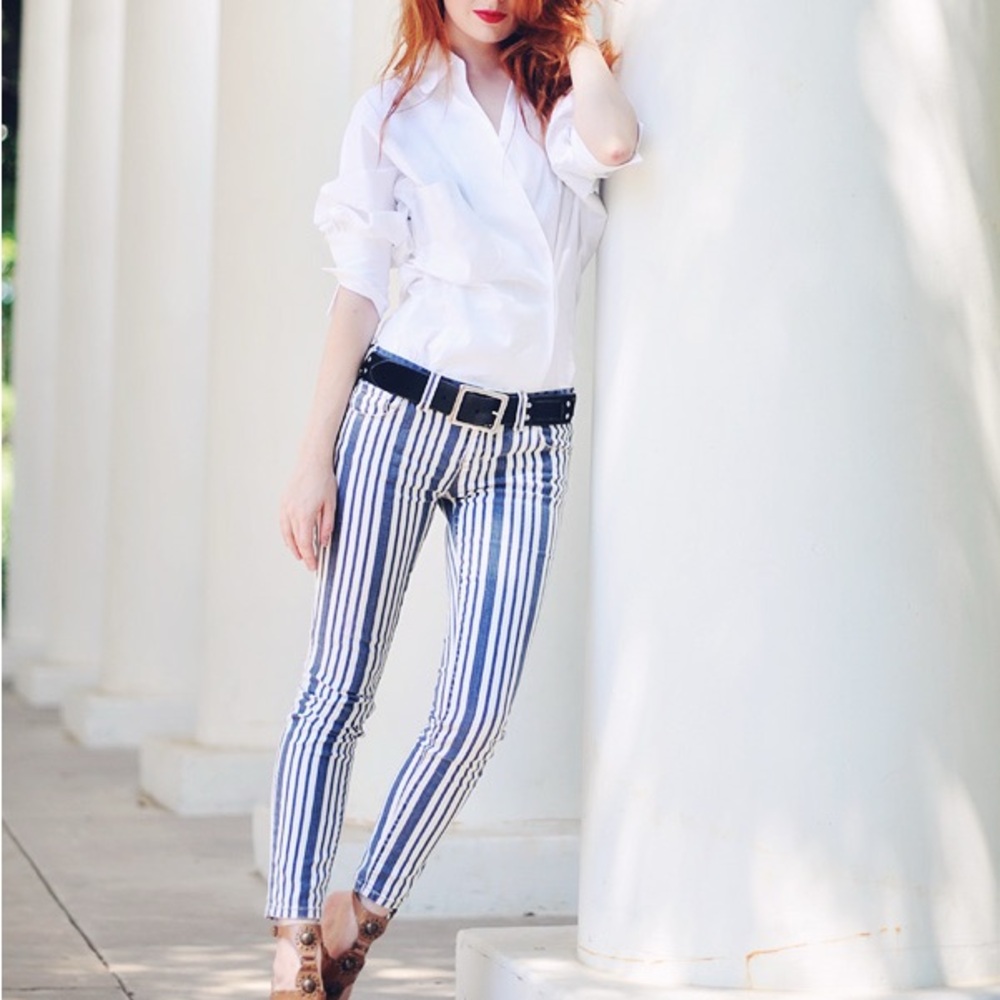 Free People Cotton Stretch Skinny Vertical Stripe Jeans in Blue & White